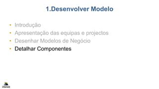 1.Desenvolver Modelo
• Introdução
• Apresentação das equipas e projectos
• Desenhar Modelos de Negócio
• Detalhar Componentes
 