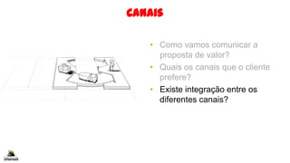 Canais
• Como vamos comunicar a
proposta de valor?
• Quais os canais que o cliente
prefere?
• Existe integração entre os
diferentes canais?
 