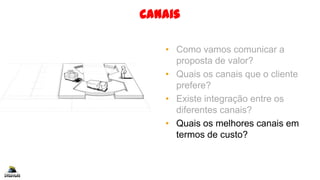 Canais
• Como vamos comunicar a
proposta de valor?
• Quais os canais que o cliente
prefere?
• Existe integração entre os
diferentes canais?
• Quais os melhores canais em
termos de custo?
 