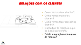 Relações com os Clientes
• Como vamos obter clientes?
• Como vamos manter os
clientes?
• Como vamos fazer crescer os
clientes?
• Qual o tipo de relações é que
os clientes preferem?
• Existe integração com o resto
do modelo?
 