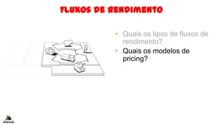 Fluxos de Rendimento
• Quais os tipos de fluxos de
rendimento?
• Quais os modelos de
pricing?
 