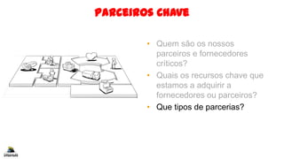 Parceiros Chave
• Quem são os nossos
parceiros e fornecedores
críticos?
• Quais os recursos chave que
estamos a adquirir a
fornecedores ou parceiros?
• Que tipos de parcerias?
 