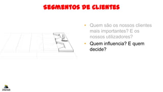 Segmentos de Clientes
• Quem são os nossos clientes
mais importantes? E os
nossos utilizadores?
• Quem influencia? E quem
decide?
 