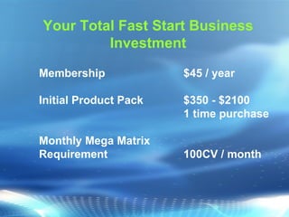 Your Total Fast Start Business Investment Membership $45 / year Initial Product Pack $350 - $2100 1 time purchase Monthly Mega Matrix  Requirement 100CV / month 