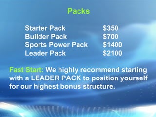 Packs Starter Pack  $350 Builder Pack  $700   Sports Power Pack $1400 Leader Pack   $2100     Fast Start:   We highly recommend starting with a LEADER PACK to position yourself for our highest bonus structure. 