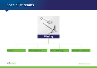 Specialist teams




                                Mining




Geology      Mine Engineering       Plant & Metallurgy   Corporate & Commercial




                                                                  faststream.com
 
