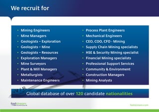 We recruit for


  •  ining Engineers
    M                            •  rocess Plant Engineers
                                   P
  •  ine Managers
    M                            •  echanical Engineers
                                   M
  •  eologists – Exploration
    G                            •  EO, COO, CFO - Mining
                                   C
  •  eologists – Mine
    G                            •  upply Chain Mining specialists
                                   S
  •  eologists – Resources
    G                            •  SE  Security Mining specialist
                                   H
  •  xploration Managers
    E                            •  inancial Mining specialists
                                   F
  •  ine Surveyors
    M                            •  rofessional Support Services
                                   P
  •  lant  Mill Managers
    P                            •  ommunity  Environment
                                   C
  •  etallurgists
    M                            •  onstruction Managers
                                   C
  •  aintenance Engineers
    M                            •  ining Analysts
                                   M


       Global database of over 120 candidate nationalities

                                                               faststream.com
 