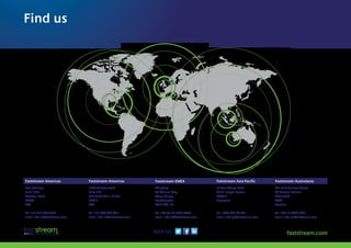 faststream.com
Find us
Delicious
Facebook
Flickr
MySpace
Twitter
StumbleUpon
Retweet
Digg
Delicious
Facebook
Slash Dot
Reddit
Flickr
MySpace
Mixx
FriendFeed
Twitter
StumbleUpon
Skype
YouTube
Retweet
Digg
Technorati
LinkedInDelicious Flickr Twitter Retweet
Join us
Faststream EMEA
The Quay
30 Channel Way
Ocean Village
Southampton
SO14 3TG, UK
Tel: +44 (0) 23 8033 4444
Email: Info-uk@faststream.com
Faststream Asia-Pacific
10 Hoe Chiang Road
08-01 Keppel Towers
089315
Singapore
Tel: +(65) 653 27 201
Email: Info-sg@faststream.com
Faststream Americas
100 NE Third Avenue
Suite 605
Fort Lauderdale, Florida
33301
USA
Tel: +(1) 954 467 9611
Email: info-us@faststream.com
Faststream Americas
11451 Katy Freeway
Suite 640
Houston,Texas
77079
USA
Tel: +(1) 713 636 9514
Email: info-us@faststream.com
 