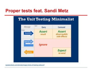Proper tests feat. Sandi Metz
speakerdeck.com/skmetz/magic-tricks-of-testing-railsconf