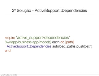 2º Solução - ActiveSupport::Dependencies




       require ‘active_support/dependencies’
       %w(app/business app/models).each do |path|
        ActiveSupport::Dependencies.autoload_paths.push(path)
       end




quinta-feira, 3 de maio de 2012
 