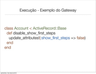 Execução - Exemplo do Gateway



       class Account < ActiveRecord::Base
        def disable_show_ﬁrst_steps
          update_attributes!(:show_ﬁrst_steps => false)
        end
       end




quinta-feira, 3 de maio de 2012
 
