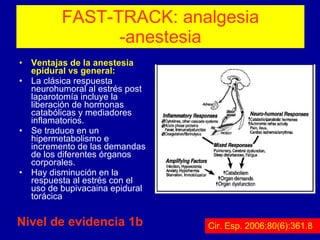 FAST-TRACK: analgesia -anestesia Ventajas de la anestesia epidural vs general: La clásica respuesta neurohumoral al estrés post laparotomía incluye la liberación de hormonas catabólicas y mediadores inflamatorios. Se traduce en un hipermetabolismo e incremento de las demandas de los diferentes órganos corporales. Hay disminución en la respuesta al estrés con el uso de bupivacaina epidural torácica Cir. Esp. 2006;80(6):361.8 Nivel de evidencia 1b 