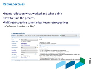 © 2013 IBM Corporation
Retrospectives
•Teams reflect on what worked and what didn’t
•How to tune the process
•PMC retrospective summarizes team retrospectives
─Defines actions for the PMC
 