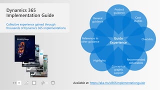 Dynamics 365
Implementation Guide
Collective experience gained through
thousands of Dynamics 365 implementations
General
guidance
Product
guidance
Checklists
Case
studies
Recommended
deliverables
Conceptual
graphic
support
Highlights
References to
other guidance
Guide
Experience
Available at: https://aka.ms/d365implementationguide
 