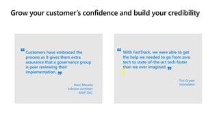Grow your customer’s confidence and build your credibility
With FastTrack, we were able to get
the help we needed to go from zero
tech to state-of-the-art tech faster
than we ever imagined.
- Tim Gryder
Intimidator
Customers have embraced the
process as it gives them extra
assurance that a governance group
is peer reviewing their
implementation.
- Rami Mounla
Solution Architect
MVP, DXC
 