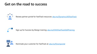 Get on the road to success
Nominate your customer for FastTrack at: aka.ms/ftnomportal
Review partner portal for FastTrack resources: aka.ms/Dynamics365FastTrack
Sign up for Success by Design training: aka.ms/D365FastTrackSbDTraining
 