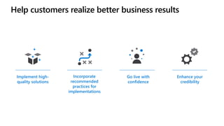 Help customers realize better business results
Implement high-
quality solutions
Go live with
confidence
Incorporate
recommended
practices for
implementations
Enhance your
credibility
 