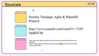 Sources
Eternity Trainings: Agile & Waterfall
Projects
https://www.youtube.com/watch?v=72T8
DqBDCMc
https://www.pmi.org/learning/library/performing-crash-analysis-alternative-cost-
schedule-
6750#:~:text=Crash%20analysis%20would%20be%20used,a%20cost%20of%2
0%241.9%20million.
 