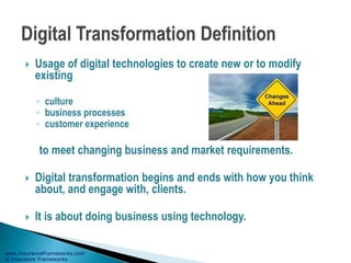 www.InsuranceFrameworks.com
© Insurance Frameworks
 Usage of digital technologies to create new or to modify
existing
◦ culture
◦ business processes
◦ customer experience
to meet changing business and market requirements.
 Digital transformation begins and ends with how you think
about, and engage with, clients.
 It is about doing business using technology.
 