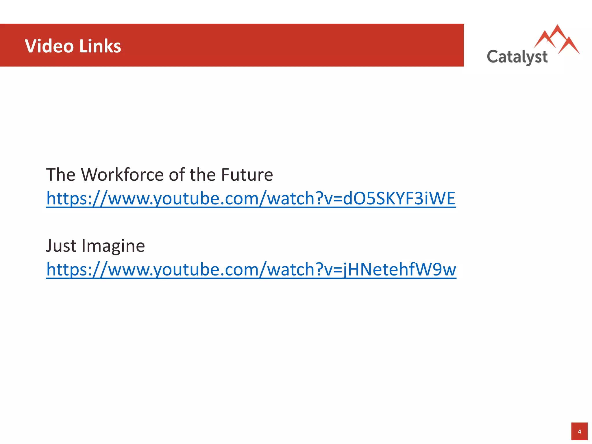 4
Video Links
The Workforce of the Future
https://www.youtube.com/watch?v=dO5SKYF3iWE
Just Imagine
https://www.youtube.com/watch?v=jHNetehfW9w
 