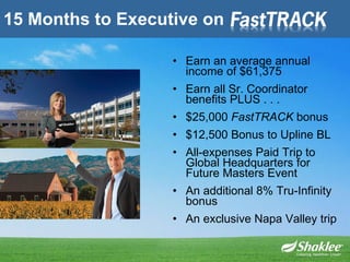 15 Months to Executive on Earn an average annual income of $61,375 Earn all Sr. Coordinator benefits PLUS . . . $25,000  FastTRACK  bonus $12,500 Bonus to Upline BL All-expenses Paid Trip to Global Headquarters for Future Masters Event An additional 8% Tru-Infinity bonus An exclusive Napa Valley trip 