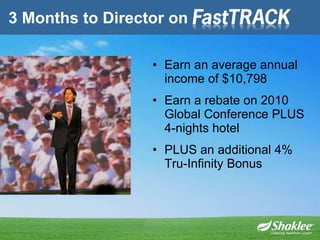 3 Months to Director on Earn an average annual income of $10,798 Earn a rebate on 2010 Global Conference PLUS 4-nights hotel PLUS an additional 4% Tru-Infinity Bonus 