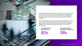 Intelligent Operations | Procurement View Copyright © 2021 Accenture. All rights reserved. 17
02 Know the key steps
A leading financial institution faced increasing cost pressure, growing
uncertainty, and the need for strict compliance with a challenging
regulatory environment. An explosion in digital banking capabilities
created new risks, making accounts payable a target for would-be
fraudsters.
The financial institution needed to move away from manual processes
to an intelligent procurement operating model that blends human
expertise with machine efficiency and uses automation and applied
intelligence to streamline repeatable processes. As a result, the
company has:
Intelligent Operations | Procurement View
80% 58%
reduced the cost
per invoice by
increased the total
touchless e-invoices to
 