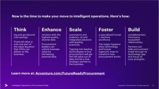 Intelligent Operations | Procurement View Copyright © 2021 Accenture. All rights reserved. 22
Learn more at: Accenture.com/FutureReadyProcurement
Think Scale
Enhance Foster Build
big and go beyond
cost savings.
Financial value is
only one part of
the value equation
that CPOs can
deliver to the
business.
automation and
analytics, AI and
integrated solutions
with leading
practices.
Tapping into leading
technologies is how
procurement will get
the full value out of
data and be a true
strategic partner to
the business.
intuition with the
highest-quality,
diverse data.
Procurement
leaders can
unlock business
value by
harnessing
external data.
a specialized human
+ machine
workforce.
The magic happens
when technology
and human
ingenuity meet to
transform how
procurement works.
complementary
third-party
ecosystem
relationships.
Partners can
help procurement
break through its
technology gap
and focus on
core strengths.
Now is the time to make your move to intelligent operations. Here’s how:
Intelligent Operations | Procurement View
 