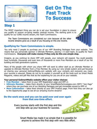 Step 1
The MOST important thing you can do is set your foundation in place to ensure
you qualify to receive on-going weekly residual income. The starting point is to
qualify for our CORE income stream, the Team Commissions.
Qualifying for Team Commissions is simple.
You only need 2 people to purchase any of our HPP Branding Packages from your website. This
means that you personally sponsor 2 Ultimate Members, placing 1 in each team, to qualify for Team
Commissions. Everyone will make money if they only do this one simple step.
Smart Media has made it so simple that it is possible for
anyone to achieve this first step with very little effort.
The Team Commissions are considered our core because all the other
income streams grow as a result of you focusing on this one income.
Every journey starts with the first step and this
one step sets up your business for success.
Do the work once and you can be paid over and over again
from that one-time effort.
Imagine, as you continue to share HPP with people, your network will expand. You could possibly
have hundreds, thousands and even tens of thousands or more Free Members as a result of our list
building and lead generations systems.
Many of the people with whom you share HPP will want to either start as an Ultimate Member or
upgrade to Ultimate Member from a Free Member. By using our very simple system and just focusing
on sharing your personal GoSmartMedia.com website with your contacts and everyone you meet,
your success is assured. Please do not try to explain it yourself as all the tools such as Smart Media
Magazine, videos and pdf files that do the explaining for you are all on your website.
Your personal GoSmartMedia website offers your visitor choices:
 Free Member – takes them to your HPP Registration page and HPP v1
 Ultimate Member – takes them directly to your SmartMediaTechnologies.com (SMT) “Join Page”
where they can purchase one of our Branding Packages and get immediate access to HPP v2
 More Information – takes them directly to your SMT Product page. From here they can also go
to the Opportunity page to see all our amazing income streams!
 