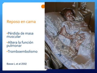 Reposo en cama
•Pérdida de masa
muscular
•Altera la función
pulmonar
•Tromboembolismo
Basse L et al 2002