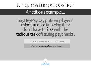 Unique value proposition 
A fictitious example... 
SayHeyPayDay puts employers’ 
minds at ease knowing they 
don’t have to...