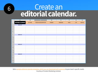 Createan
editorialcalendar.
Get a sample editorial calendar template, which you can download and customize to your team’s ...