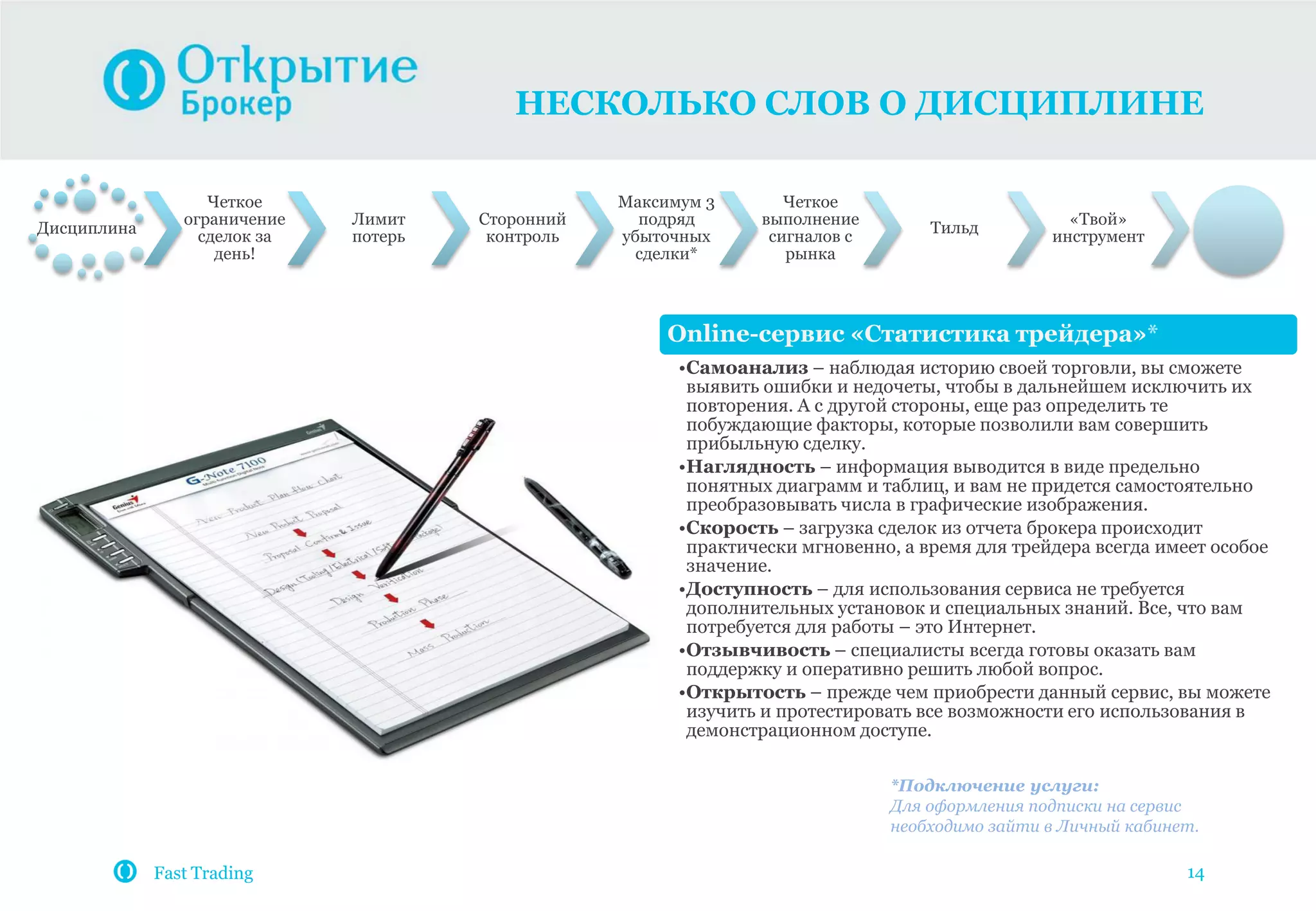 НЕСКОЛЬКО СЛОВ О ДИСЦИПЛИНЕ
14
Дисциплина
Четкое
ограничение
сделок за
день!
Лимит
потерь
Сторонний
контроль
Максимум 3
подряд
убыточных
сделки*
Четкое
выполнение
сигналов с
рынка
Тильд
«Твой»
инструмент
Online-cервис «Статистика трейдера»*
•Самоанализ – наблюдая историю своей торговли, вы сможете
выявить ошибки и недочеты, чтобы в дальнейшем исключить их
повторения. А с другой стороны, еще раз определить те
побуждающие факторы, которые позволили вам совершить
прибыльную сделку.
•Наглядность – информация выводится в виде предельно
понятных диаграмм и таблиц, и вам не придется самостоятельно
преобразовывать числа в графические изображения.
•Скорость – загрузка сделок из отчета брокера происходит
практически мгновенно, а время для трейдера всегда имеет особое
значение.
•Доступность – для использования сервиса не требуется
дополнительных установок и специальных знаний. Все, что вам
потребуется для работы – это Интернет.
•Отзывчивость – специалисты всегда готовы оказать вам
поддержку и оперативно решить любой вопрос.
•Открытость – прежде чем приобрести данный сервис, вы можете
изучить и протестировать все возможности его использования в
демонстрационном доступе.
*Подключение услуги:
Для оформления подписки на сервис
необходимо зайти в Личный кабинет.
Fast Trading
 