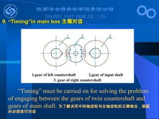 9.
9. “
“Timing
Timing”
”in main box
in main box 主箱对齿
主箱对齿
“Timing” must be carried on for solving the problem
of engaging between the gears of twin countershaft and
gears of main shaft. 为了解决双中间轴齿轮与主轴齿轮的正确啮合，装配
时必须进行对齿
1.gear of left countershaft 2.gear of input shaft
3. gear of right countershaft
 