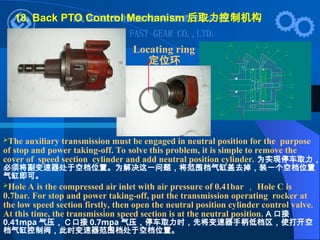 18. Back PTO Control Mechanism 后取力控制机构
The auxiliary transmission must be engaged in neutral position for the purpose
of stop and power taking-off. To solve this problem, it is simple to remove the
cover of speed section cylinder and add neutral position cylinder. 为实现停车取力，
必须将副变速器处于空档位置。为解决这一问题，将范围档气缸盖去掉，装一个空档位置
气缸即可。
Hole A is the compressed air inlet with air pressure of 0.41bar ， Hole C is
0.7bar. For stop and power taking-off, put the transmission operating rocker at
the low speed section firstly, then open the neutral position cylinder control valve.
At this time, the transmission speed section is at the neutral position. A 口接
0.41mpa 气压， C 口接 0.7mpa 气压，停车取力时，先将变速器手柄低档区，使打开空
档气缸控制阀，此时变速器范围档处于空档位置。
Locating ring
定位环
 