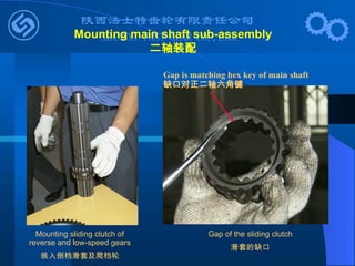 Mounting sliding clutch of
reverse and low-speed gears
装入倒档滑套及爬档轮
Gap of the sliding clutch
滑套的缺口
Gap is matching hex key of main shaft
缺口对正二轴六角键
Mounting main shaft sub-assembly
二轴装配
 