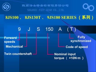 8JS100 、 8JS130T 、 9JS180 SERIES （系列）
9 J S 150 A ( T )
Fully
synchronized
Mechanical
Twin countershaft Nominal input
torque （ ×10N·m ）
Forward
speeds
Code of speed
 