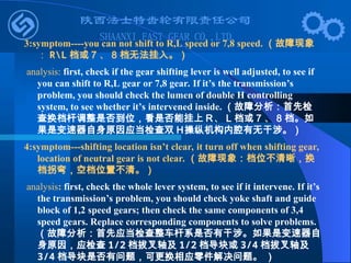 3:symptom----you can not shift to R,L speed or 7,8 speed. （故障现象
： RL 档或 7 、 8 档无法挂入。）
analysis: first, check if the gear shifting lever is well adjusted, to see if
you can shift to R,L gear or 7,8 gear. If it’s the transmission’s
problem, you should check the lumen of double H controlling
system, to see whether it’s intervened inside. （故障分析：首先检
查换档杆调整是否到位，看是否能挂上 R、 L 档或 7 、 8 档。如
果是变速器自身原因应当检查双 H操纵机构内腔有无干涉。）
4:symptom---shifting location isn’t clear, it turn off when shifting gear,
location of neutral gear is not clear. （故障现象：档位不清晰，换
档拐弯，空档位置不清。）
analysis: first, check the whole lever system, to see if it intervene. If it’s
the transmission’s problem, you should check yoke shaft and guide
block of 1,2 speed gears; then check the same components of 3,4
speed gears. Replace corresponding components to solve problems.
（故障分析：首先应当检查整车杆系是否有干涉。如果是变速器自
身原因，应检查 1/2 档拔叉轴及 1/2 档导块或 3/4 档拔叉轴及
3/4 档导块是否有问题，可更换相应零件解决问题。 ）
 