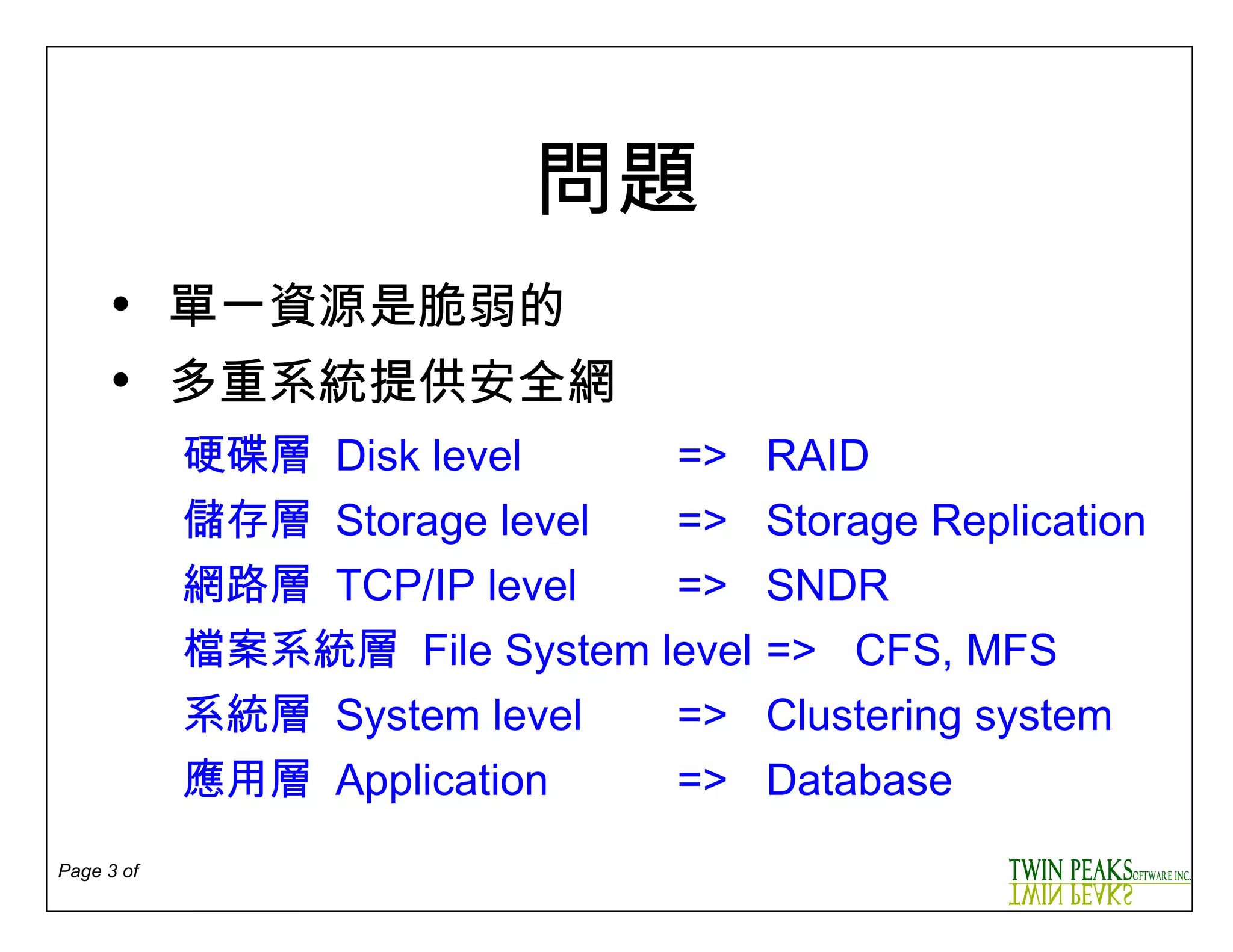 問題 單一資源是脆弱的 多重系統提供安全網 硬碟層   Disk level   => RAID 儲存層   Storage level => Storage Replication 網路層   TCP/IP level => SNDR 檔案系統層   File System level => CFS, MFS 系統層   System level => Clustering system 應用層   Application => Database 