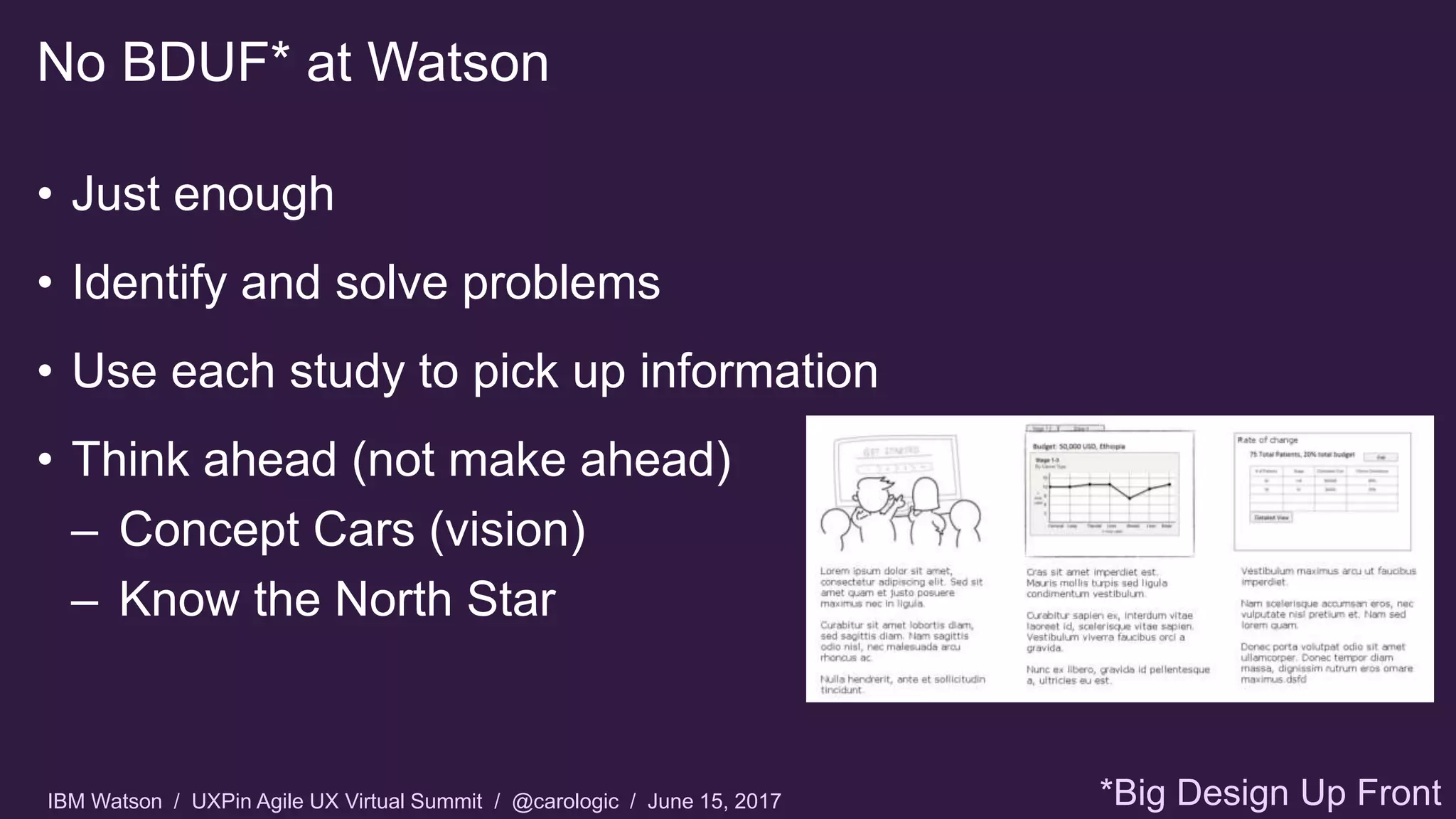 IBM Watson / UXPin Agile UX Virtual Summit / @carologic / June 15, 2017
• Just enough
• Identify and solve problems
• Use each study to pick up information
• Think ahead (not make ahead)
– Concept Cars (vision)
– Know the North Star
No BDUF* at Watson
*Big Design Up Front
 