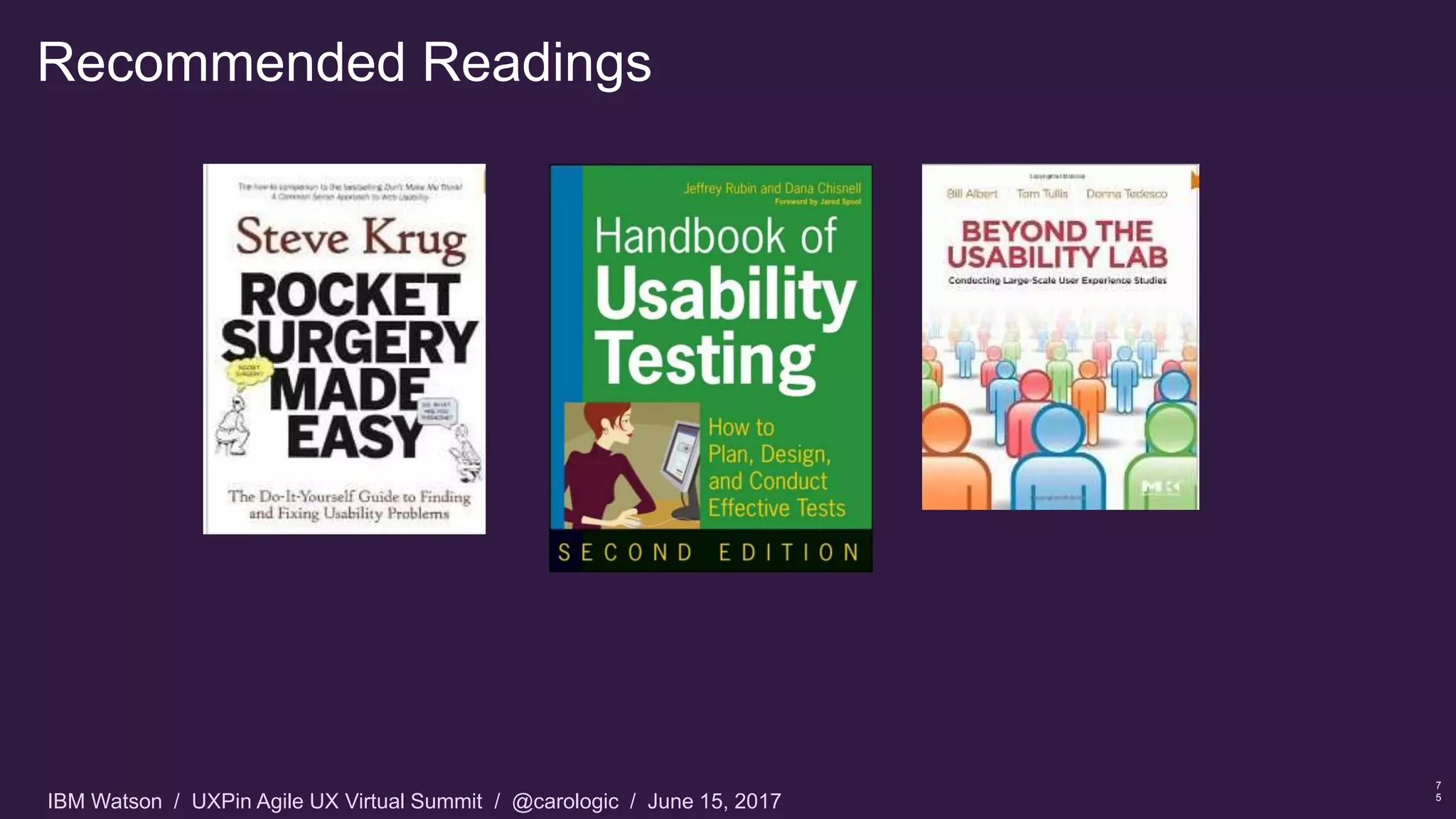 IBM Watson / UXPin Agile UX Virtual Summit / @carologic / June 15, 2017
Recommended Readings
7
5
 