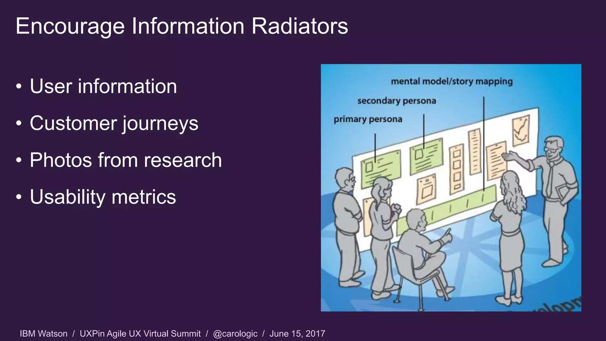 IBM Watson / UXPin Agile UX Virtual Summit / @carologic / June 15, 2017
Encourage Information Radiators
• User information
• Customer journeys
• Photos from research
• Usability metrics
 