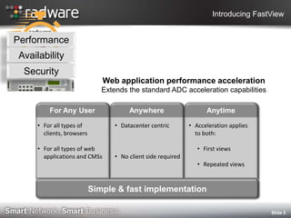 Introducing FastView


Performance
Availability
  Security
                               Web application performance acceleration
                              Extends the standard ADC acceleration capabilities

         For Any User                  Anywhere                     Anytime

     • For all types of           • Datacenter centric        • Acceleration applies
       clients, browsers                                        to both:

     • For all types of web                                      • First views
       applications and CMSs      • No client side required
                                                                 • Repeated views


                           Simple & fast implementation

                                                                                       Slide 5
 