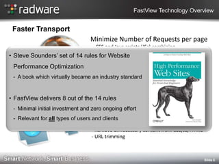 FastView Technology Overview


 Faster Transport
                                  Minimize Number of Requests per page
                                - CSS and Java scripts (JSs) combining
                                - CSS and JSs inligning into HTML
• Steve Sounders’ set of 14 rules for Website
                                  TCP protocol optimization
 Performance Optimization        - Congestion avoidance optimization
                                 - TCP connection multiplexing
 - A book which virtually became an industry standard


• Reduce delivers 8 out ofContent
  FastView Transferred the 14 rules
 - Minimal initial investment and zero ongoing effort
                                    Dynamic Caching
 -   Relevant for all types of users and clients
                                    Content minification
                                  - Remove unnecessary content from CSS/JS/HTML
                                  - URL trimming



                                                                                  Slide 6
 