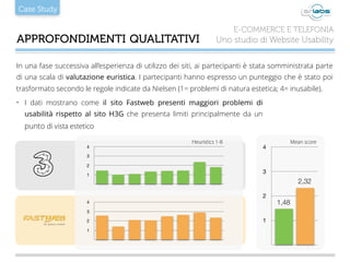 Case Study
APPROFONDIMENTI QUALITATIVI
E-COMMERCE E TELEFONIA
Uno studio di Website Usability
In una fase successiva all’esperienza di utilizzo dei siti, ai partecipanti è stata somministrata parte
di una scala di valutazione euristica. I partecipanti hanno espresso un punteggio che è stato poi
trasformato secondo le regole indicate da Nielsen (1= problemi di natura estetica; 4= inusabile).
• I dati mostrano come il sito Fastweb presenti maggiori problemi di
usabilità rispetto al sito H3G che presenta limiti principalmente da un
punto di vista estetico
1
2
3
4
1
2
3
4
1
2
3
4
1,48
2,32
Mean scoreHeuristics 1-8
 