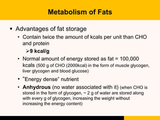 Metabolism of Fats
 Fat is an important source of energy for many
athletes
 However, process of metabolizing fat is comp...