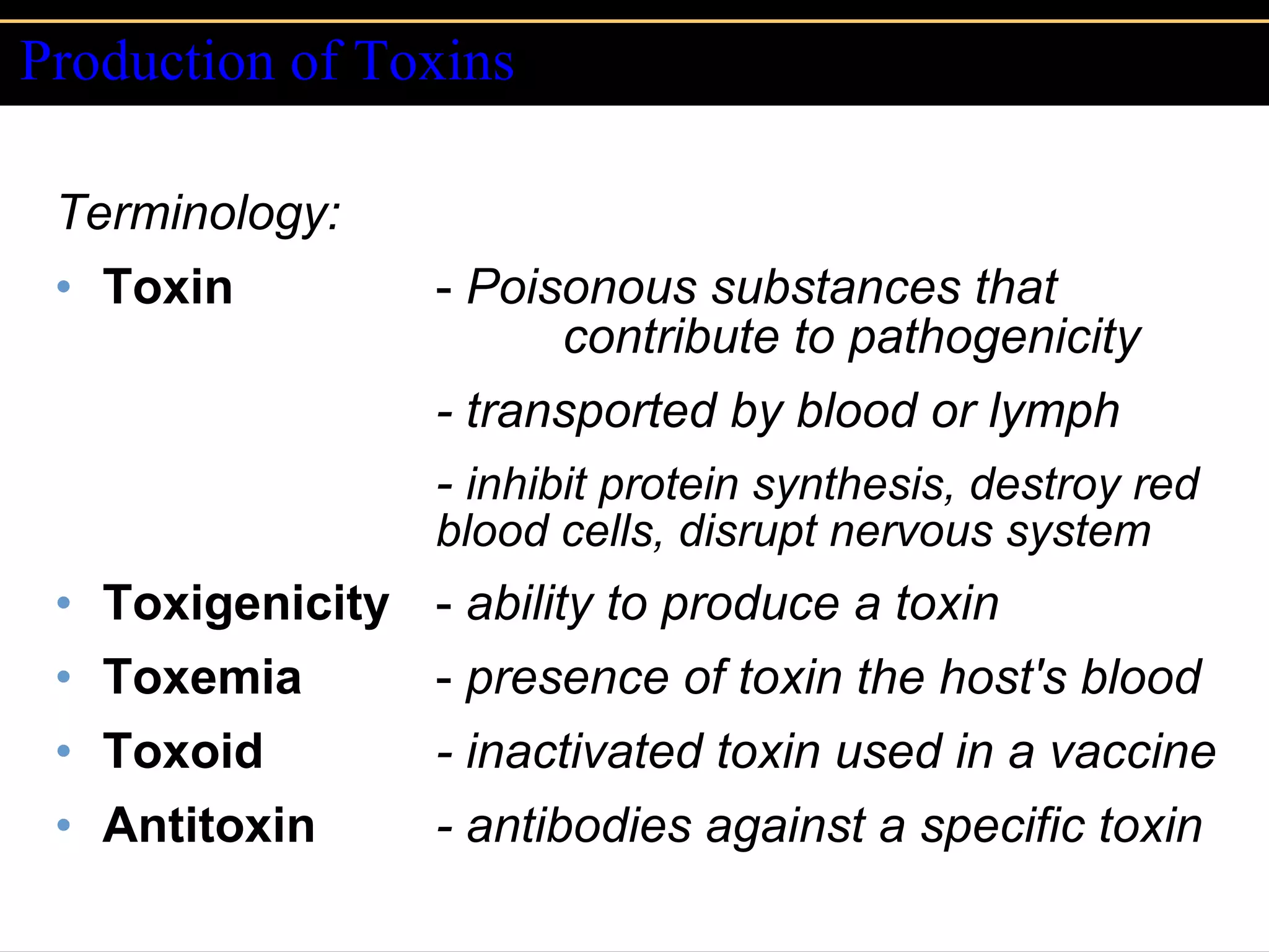 Production of Toxins Terminology: Toxin -  Poisonous substances that  contribute to pathogenicity - transported by blood or lymph -  inhibit protein synthesis, destroy red  blood cells, disrupt nervous system Toxigenicity -  ability to produce a toxin Toxemia -  presence of toxin the host's blood Toxoid - inactivated toxin used in a vaccine Antitoxin - antibodies against a specific toxin 