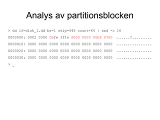 Analys av partitionsblocken
> dd if=disk_1.dd bs=1 skip=446 count=64 | xxd -c 16
0000000: 0002 0300 0bfe 3f1e 8000 0000 00...