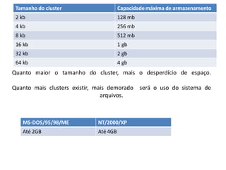 Quanto maior o tamanho do cluster, mais o desperdício de espaço.

Quanto mais clusters existir, mais demorado   será o uso do sistema de
                                arquivos.
 