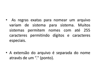 • As regras exatas para nomear um arquivo
 variam de sistema para sistema. Muitos
 sistemas permitem nomes com até 255
 caracteres permitindo dígitos e caracteres
 especiais.

• A extensão do arquivo é separada do nome
  através de um “." (ponto).
 
